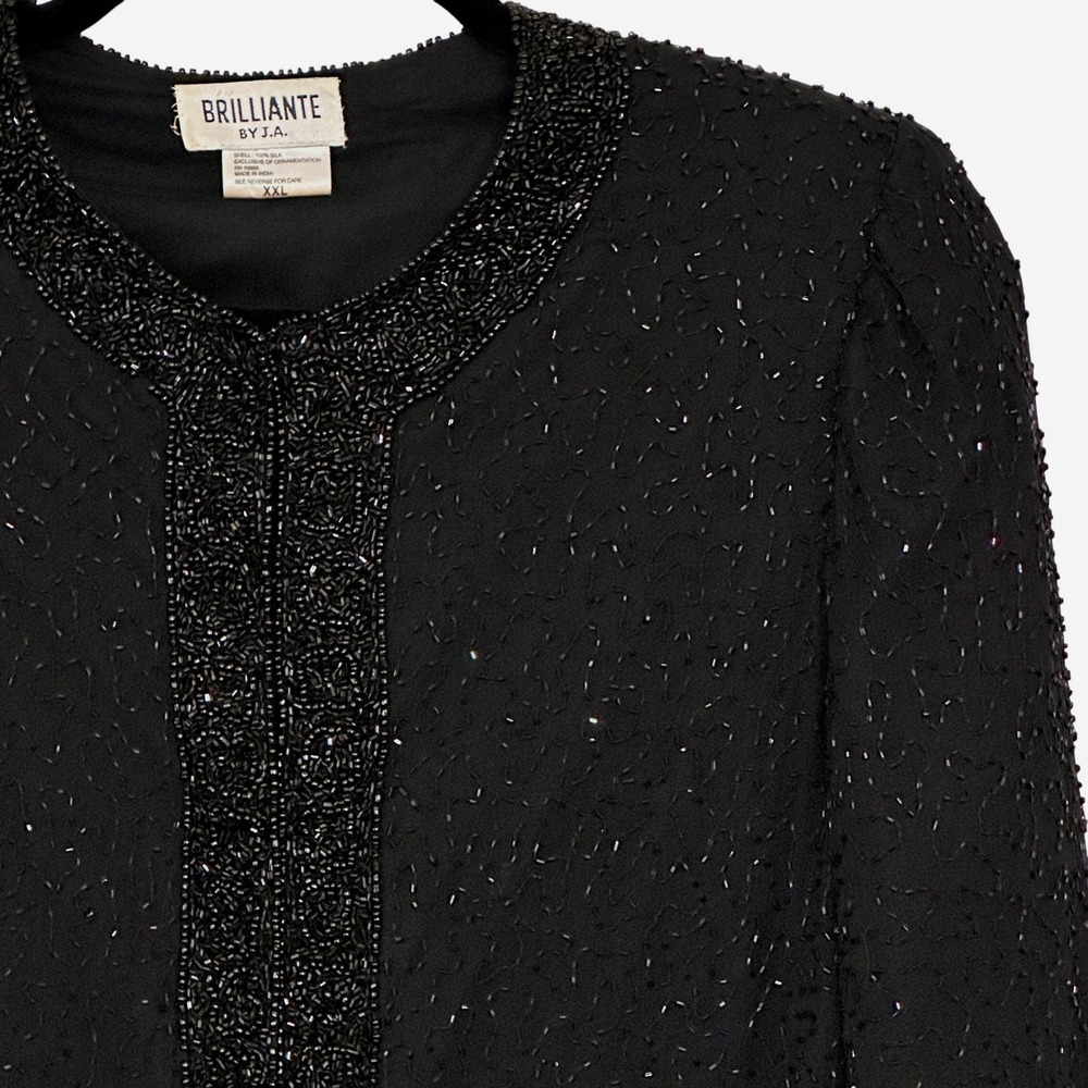 VTG Women Evening Jacket Plus XXL Black Silk Beads Sequins Regency Old Hollywood